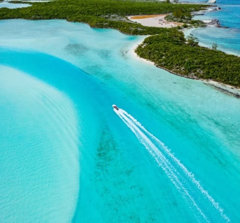 aerial view of a speedboat near a tropical beach - Croatia yacht charter